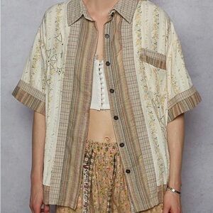 POL Printed Button Down Patchwork Short Sleeve Shirt in Cream, size L, NEW